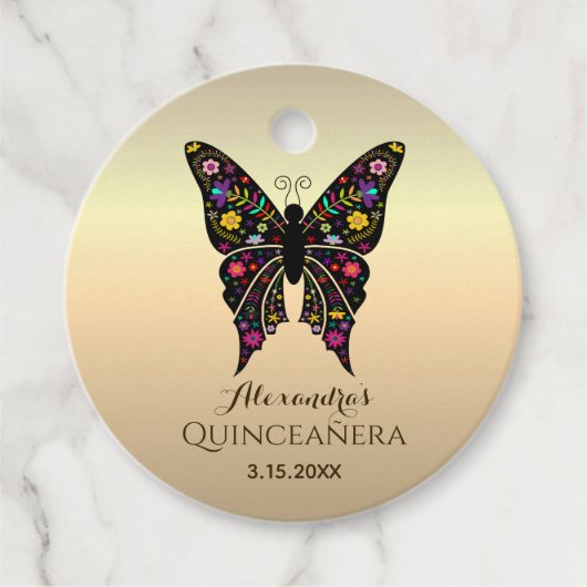 Étiquettes Cadeau Quinceanera Colorée Papillon Gold Foil (Devant)