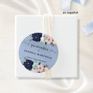 Étiquettes Cadeau Quinceañera con Flores Azul y Rosa, Aluminio Azul