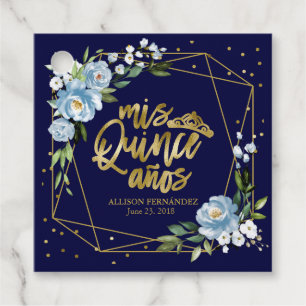 Étiquettes Cadeau Quinceanera Florale Bleu Or