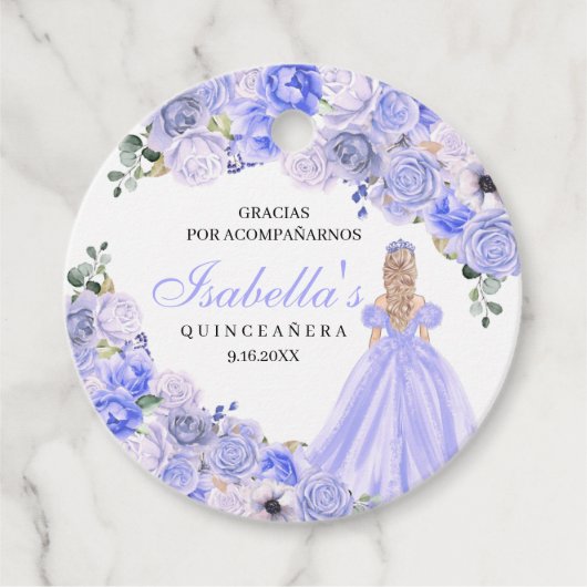Étiquettes Cadeau Quinceanera Florale Bleu Périwinkle (Devant)
