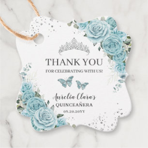 Étiquettes Cadeau Quinceanera Florale Turquoise Douce 16 papillons