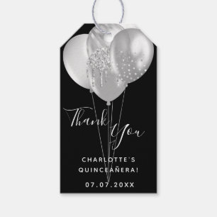 Étiquettes-cadeau Quinceanera noir ballon d'argent merci