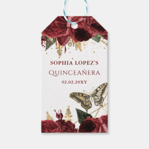 Étiquettes-cadeau Quinceanera Papillons Floraux Or Bourgogne