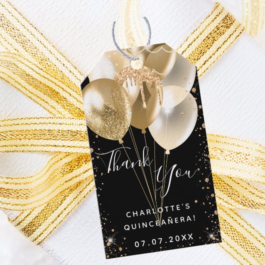 Étiquettes-cadeau Quinceanera parties scintillant en or noir ballon