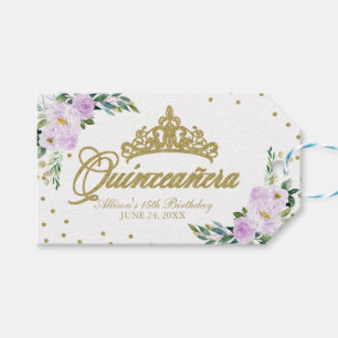 Étiquettes-cadeau Quinceanera Party Gold Tiara Purple Lilac Floral