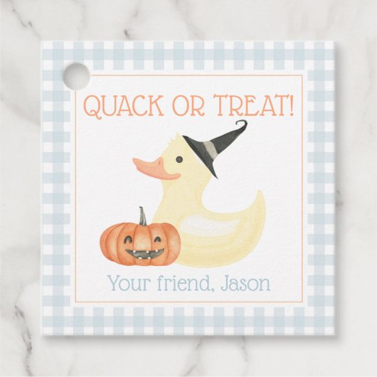 Étiquettes Cadeau Quitter ou traiter Canard Cute Blue Boy Halloween  (Devant)