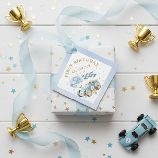 Étiquettes Cadeau Race Car Blue Watercolor Boy First Birthday