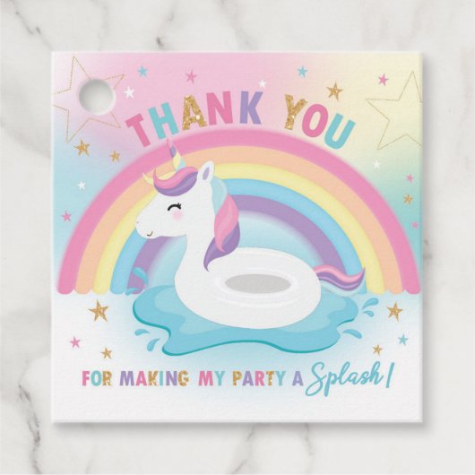 Étiquettes Cadeau Rainbow Unicorn Pool Merci de fête d'anniversaire (Devant)
