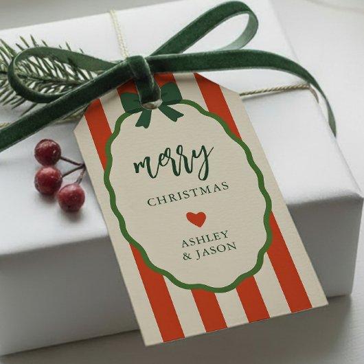 Étiquettes-cadeau Rayé Chic Rouge & Vert Noël Rétro Joyeux