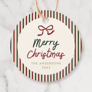 Étiquettes Cadeau Rayures festives et Noël au ruban