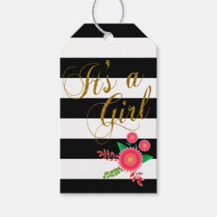 Étiquettes-cadeau Rayures noires et blanches élégantes avec floral