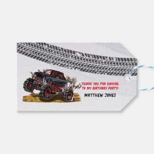 Étiquettes-cadeau Red Black Monster Truck fête d'anniversaire