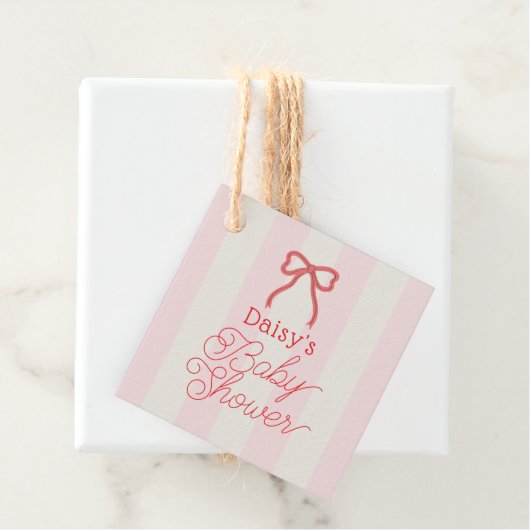 Étiquettes Cadeau Red Bow & Pink Stripes Baby Shower (En situation)