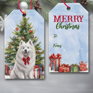 Étiquettes-cadeau Red Bow White Samoyg Dog Christmas Tree