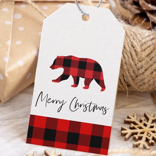Étiquettes-cadeau Red Buffalo Plaid Bear & Joyeux Noël