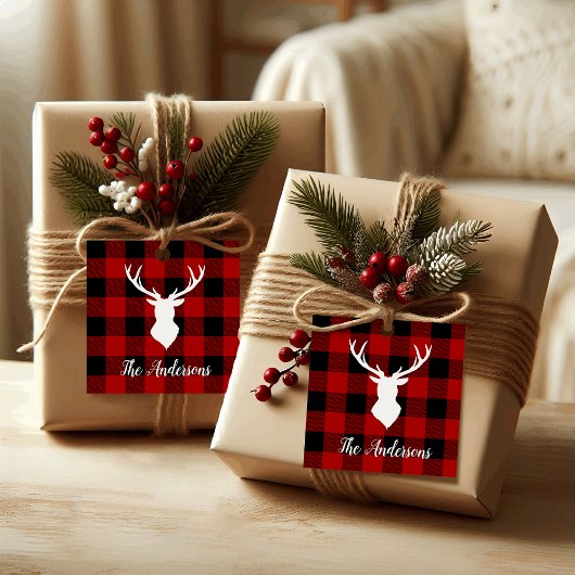 Étiquettes Cadeau Red Buffalo Plaid & Deer | Nom personnel Cadeau