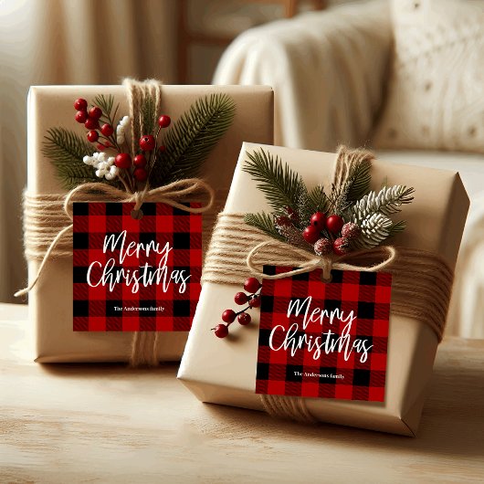 Étiquettes Cadeau Red Buffalo Plaid & Joyeux Noël |Nom personnel