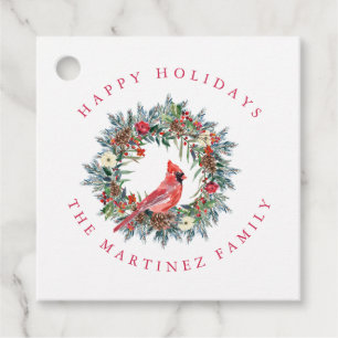 Étiquettes Cadeau Red Cardinal Pine Wreath Happy Holidays Tags cadea