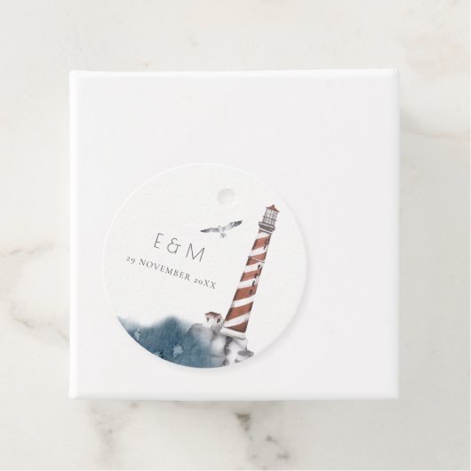 ÉTIQUETTES CADEAU RED DUSKY BLUE LIGHTHOUSE SEA MONOGRAS MARIAGE FA (En situation)
