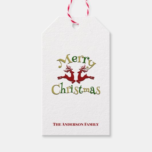 Étiquettes-cadeau Red Green Gold Joyeux rennes de Noël (Devant)