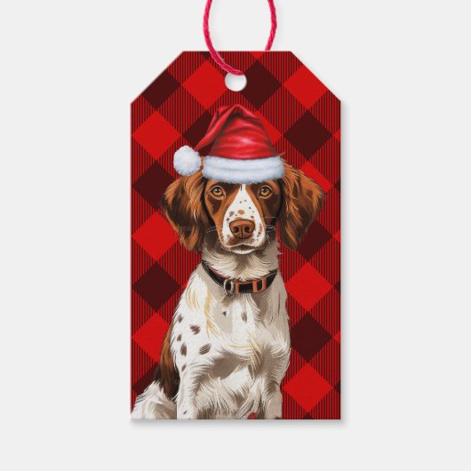 Étiquettes-cadeau Red Holiday Plaid Brittany Spanien Chien Noël (Devant)