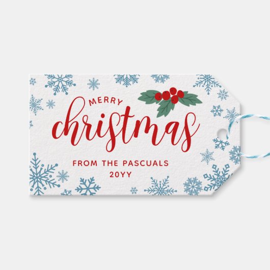 Étiquettes-cadeau Red Holly Blue Snowflakes Joyeux Noël de (Devant (Horizontal))