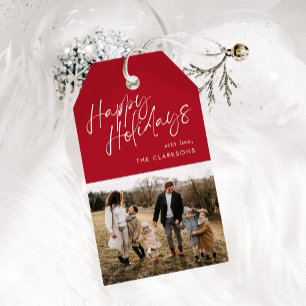 Étiquettes-cadeau Red Modern Simple Script Photo Happy Holidays