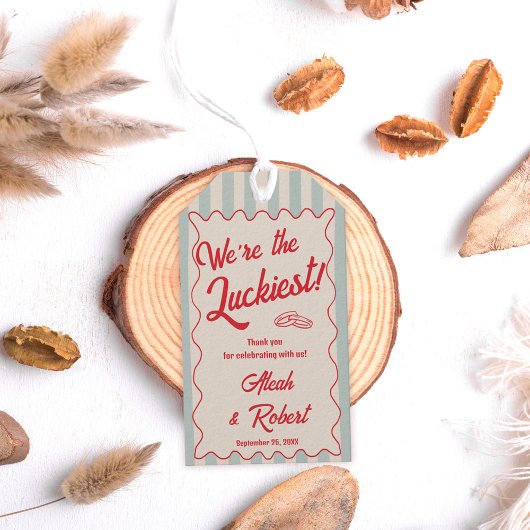 Étiquettes-cadeau Red Script Blue Stripes Retro Wedding