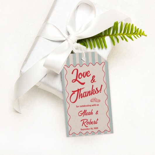 Étiquettes-cadeau Red Writing Blue Stripes Retro Wedding