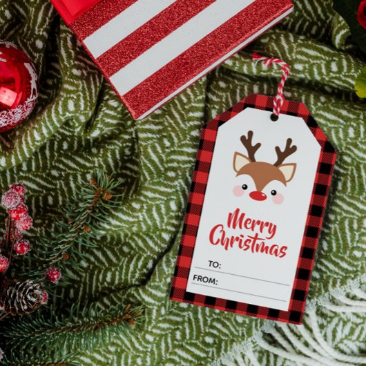 Étiquettes-cadeau Reindeer Red Plaid Joyeux Noël À De