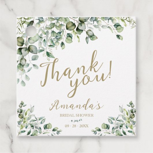 Étiquettes Cadeau Remerciement de Baby Shower de verdure dorée (Devant)