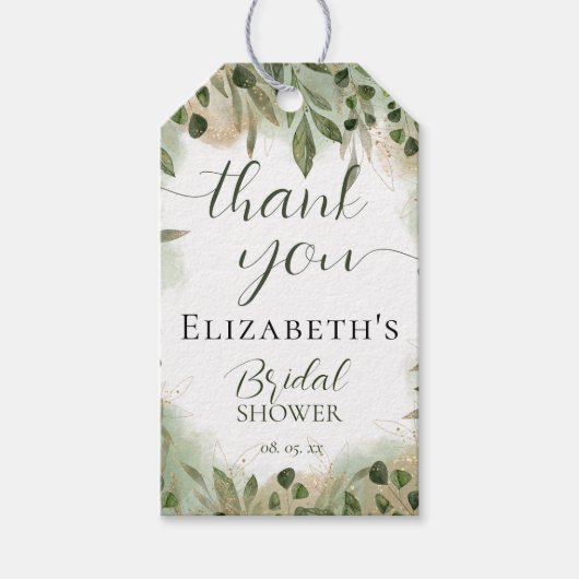 Étiquettes-cadeau Remerciement de calligraphie vert or Greenery (Devant)