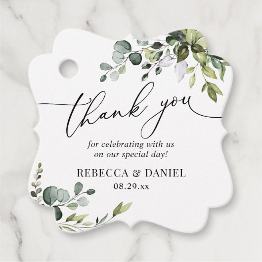 Étiquettes Cadeau Remerciement de mariage à la verdure rustique Euca (Devant)