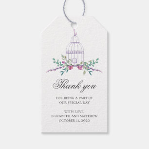 Étiquettes-cadeau Remerciement de mariage violet. Cage à oiseaux et