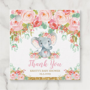 Étiquettes Cadeau Remerciement Fête de Naissance Éléphant Floral Ros
