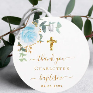 Étiquettes Cadeau Remerciement floral bleu clair eucalyptus baptême