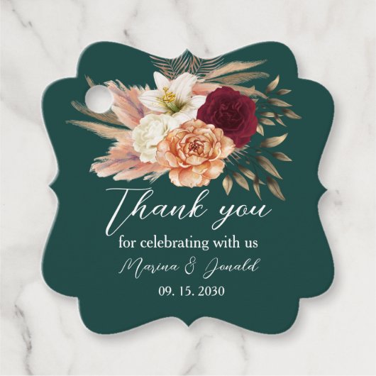Étiquettes Cadeau Remerciement floral bordeaux émeraude (Devant)