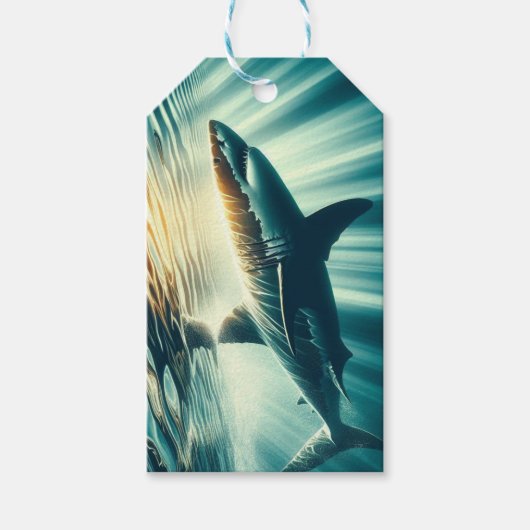 Étiquettes-cadeau Requin dans la mer bleue profonde & soleil (Devant)