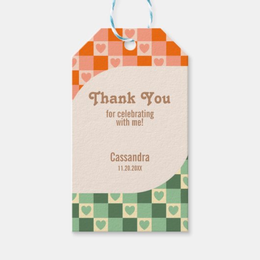 Étiquettes-cadeau Retro À damiers Coeur Vert Orange Anniversaire (Devant)