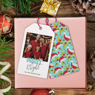 Étiquettes-cadeau Retro Bleu Simple Photo Joyeux Noël brillant