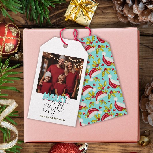 Étiquettes-cadeau Retro Bleu Simple Photo Joyeux Noël brillant