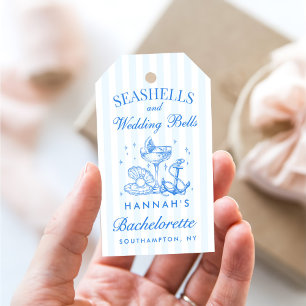 Étiquettes-cadeau Retro Blue Coquillages & Cloches de Mariage Enterr