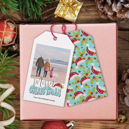 Étiquettes-cadeau Retro Blue Simple Photo Festive Joyeux Noël