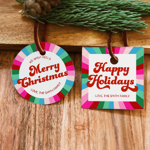 Étiquettes Cadeau Retro Festif Arc-en-ciel rose cadeau de Noël