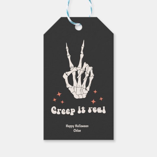 Étiquettes-cadeau Retro Halloween Creep it Real Skeleton (Devant)