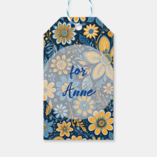 Étiquettes-cadeau Rétro Hippie Vintage Fleurs Design Jaune Bleu
