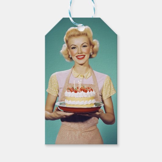 Étiquettes-cadeau Retro Maman tient un gâteau de fête (Devant)