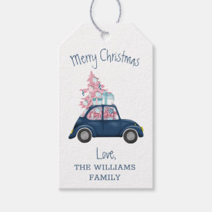 Étiquettes-cadeau Retro Pink Christmas Tree Blue Car Joyeux Noël