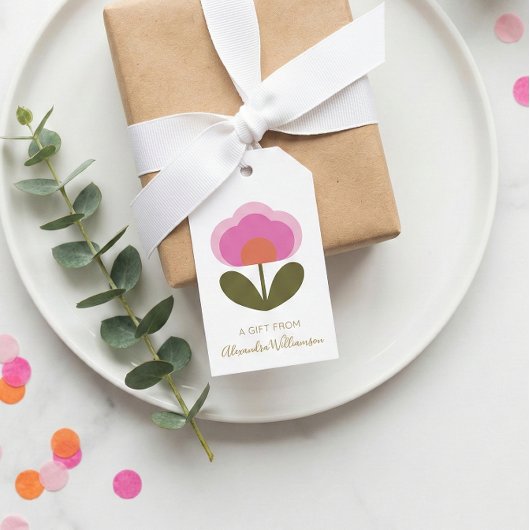 Étiquettes-cadeau Retro Pink Cute Flower Personalized From Name