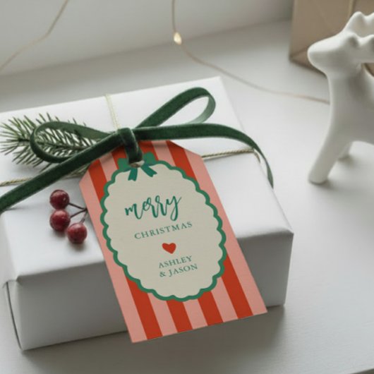 Étiquettes-cadeau Rétro rayé Joyeux Noël rose, rouge et vert